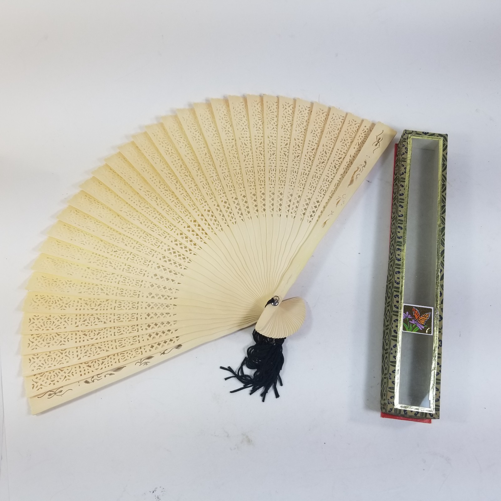 Vintage Japenese Wooden Folding Hand Fan ~ Hand Carved With Original Box