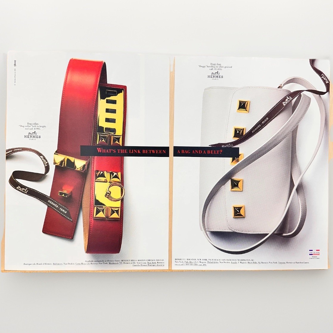 1991 Hermes Dog Collar Doggy Bag Purse 2 Page Vintage Print Ad Fashion Art