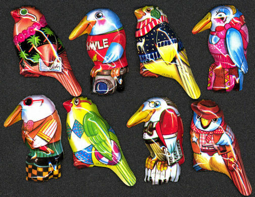 1960\'s Lot of 8 Different Tin Lithographed Japanese Bird Pins “New Old Stock”