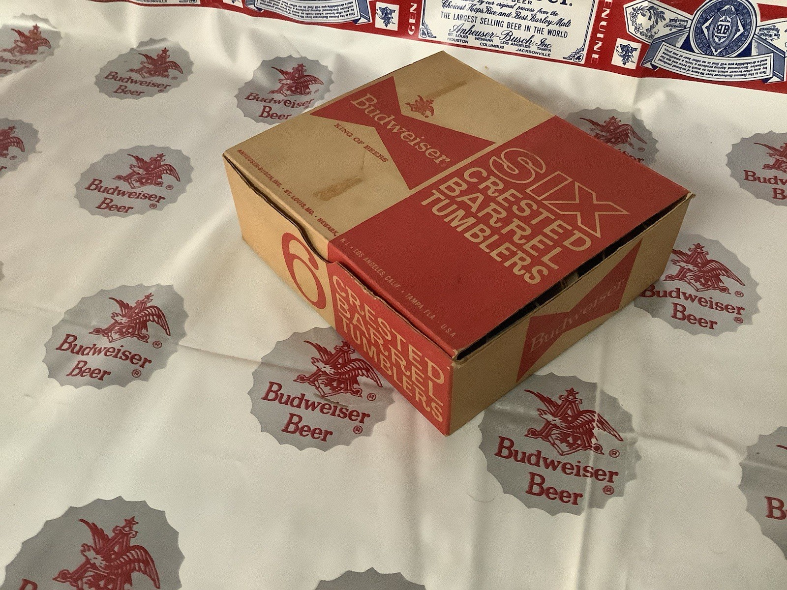 Budweiser Crested Barrel Tumblers Set Of Six In The Box 1950’s Budweiser Crested Barrel Tumblers Set Of Six In The Box 1950’s