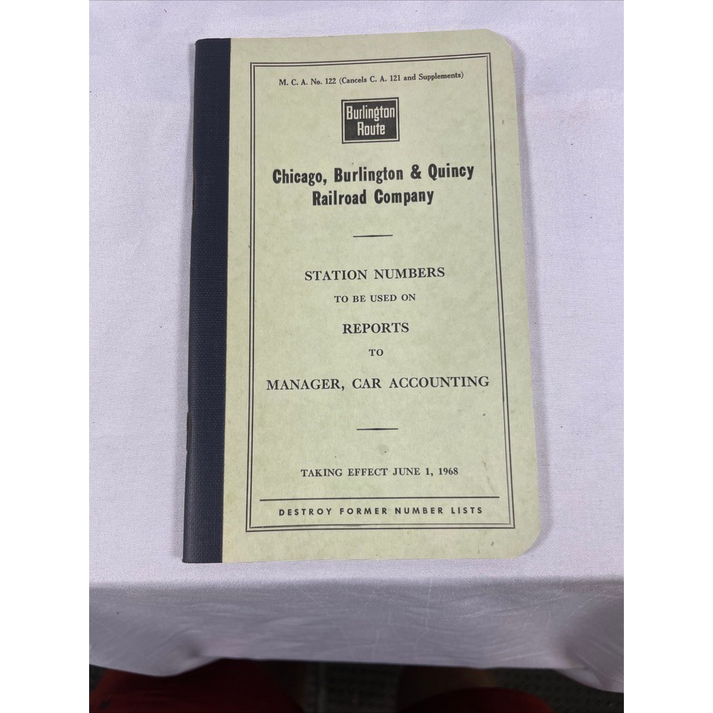 Vintage 1968 Burlington Route CB&Q Railroad Station Numbers Book M.C.A. No. 122
