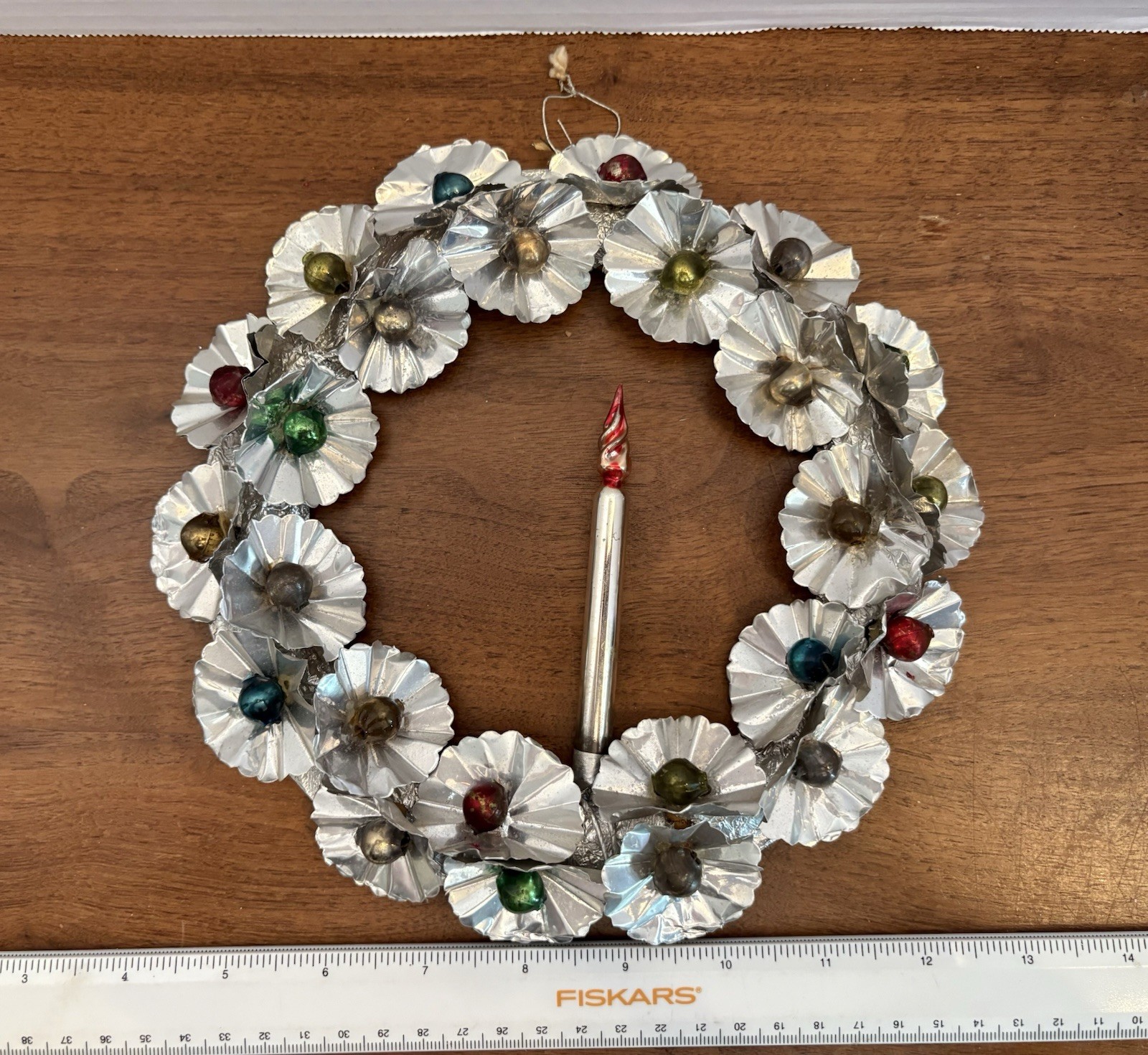 Vintage MCM Aluminum Christmas Wreath with Mercury Glass Beads + Center Candle
