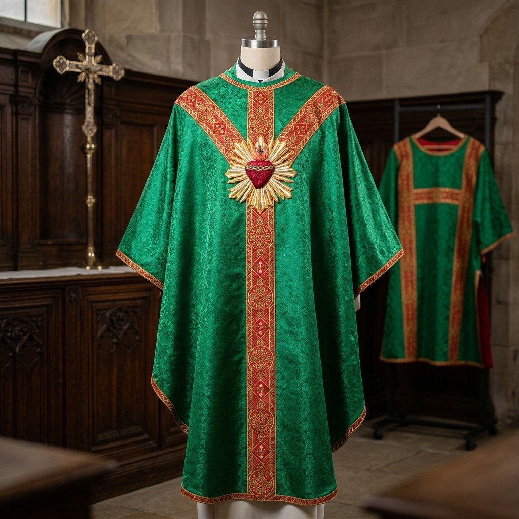 Green Gothic Chasuble with Hand Embroidered Sacred Heart Applique Low Mass Set