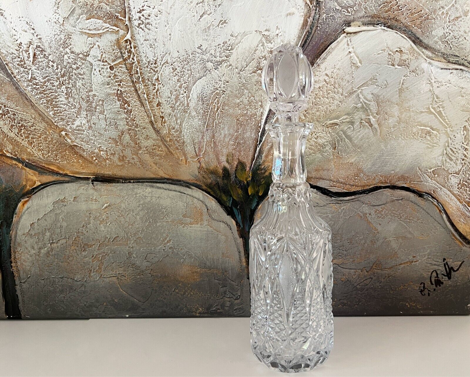 Vintage Bohemian Crystal Quilted Cut Glass Liquor Decanter with Stopper