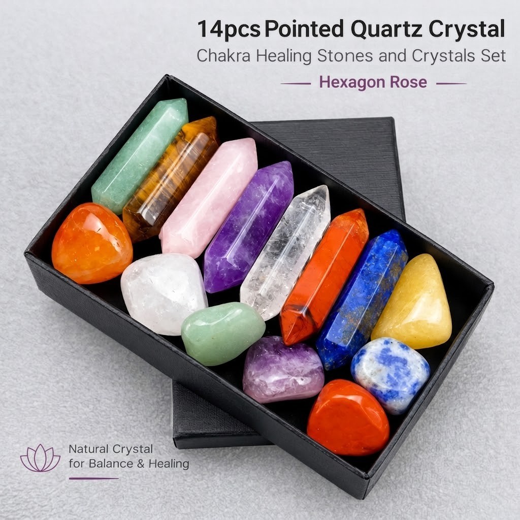 14pcs Pointed Quartz Crystal Chakra Healing Stones and Crystals Set Hexagon Rose
