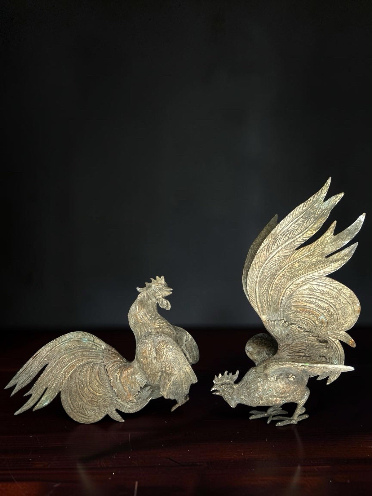 Vintage Brass Fighting Roosters Pair Large Mid Century Rooster Sculptures 4.73lb