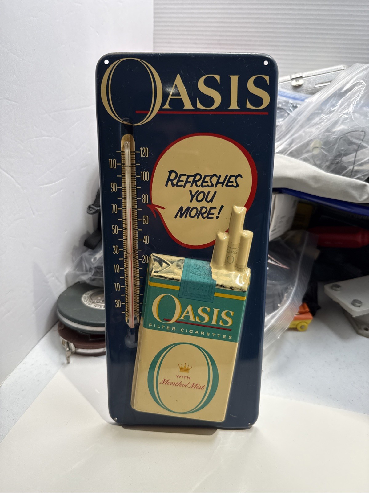 Vintage Tin Oasis Cigarettes Store Advertising Sign w/Thermometer 13\