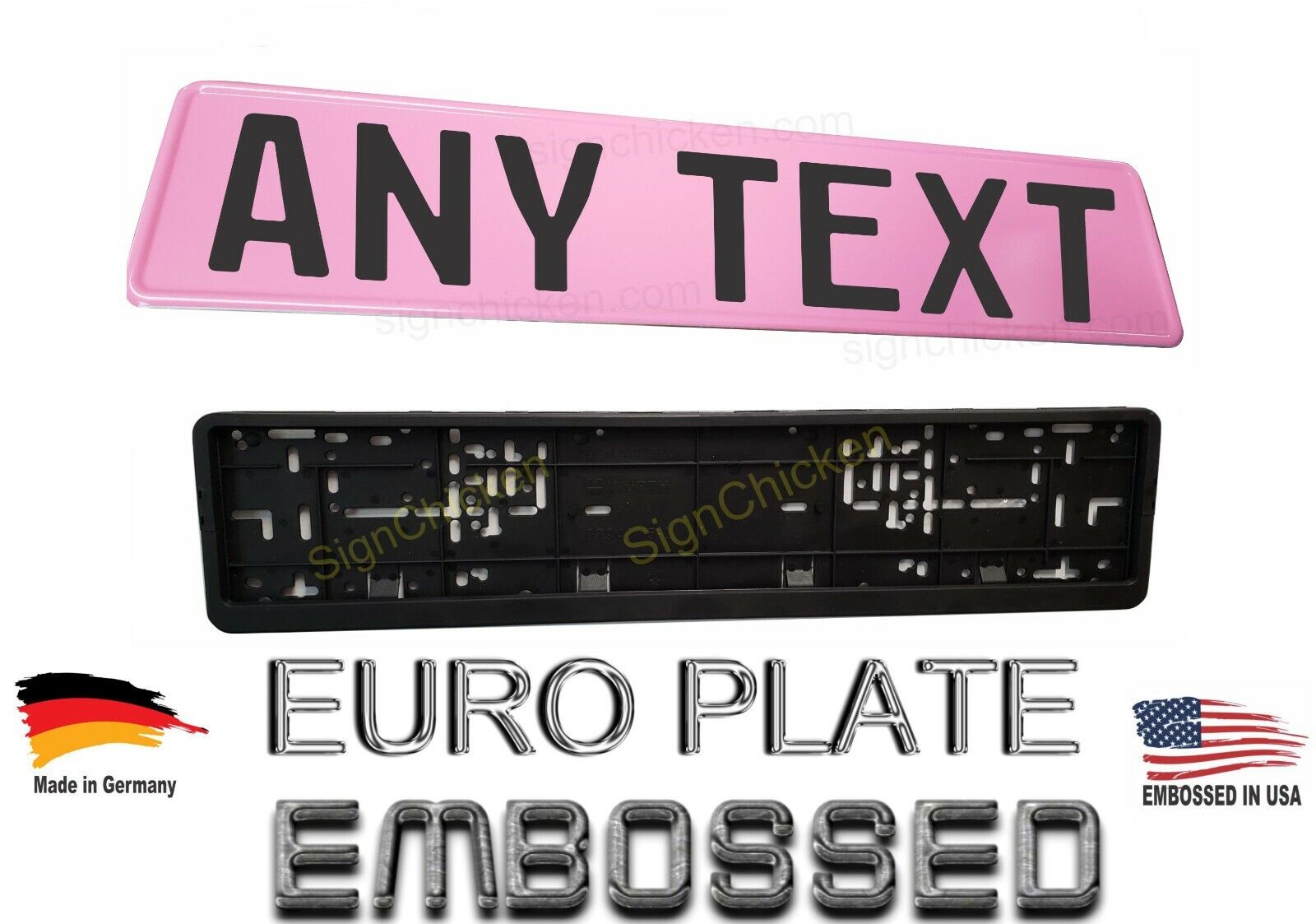All PINK, German, EURO STYLE  TAG, BMW,  European LICENSE plate, ANY TEXT +frame