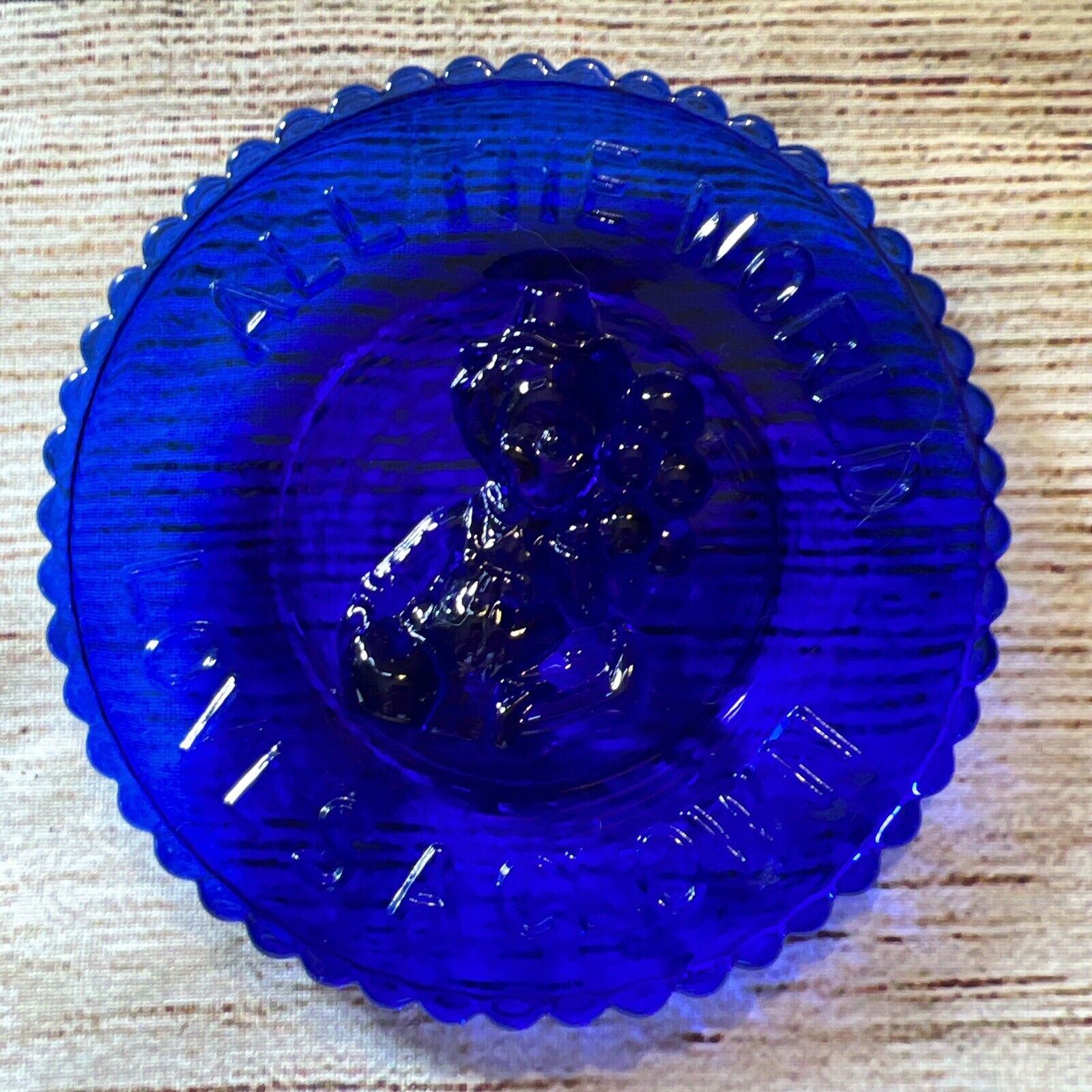 Mosser Art Glass “ All The World Loves A Clown “ Cup Plate In Cobalt Blue 3.5”