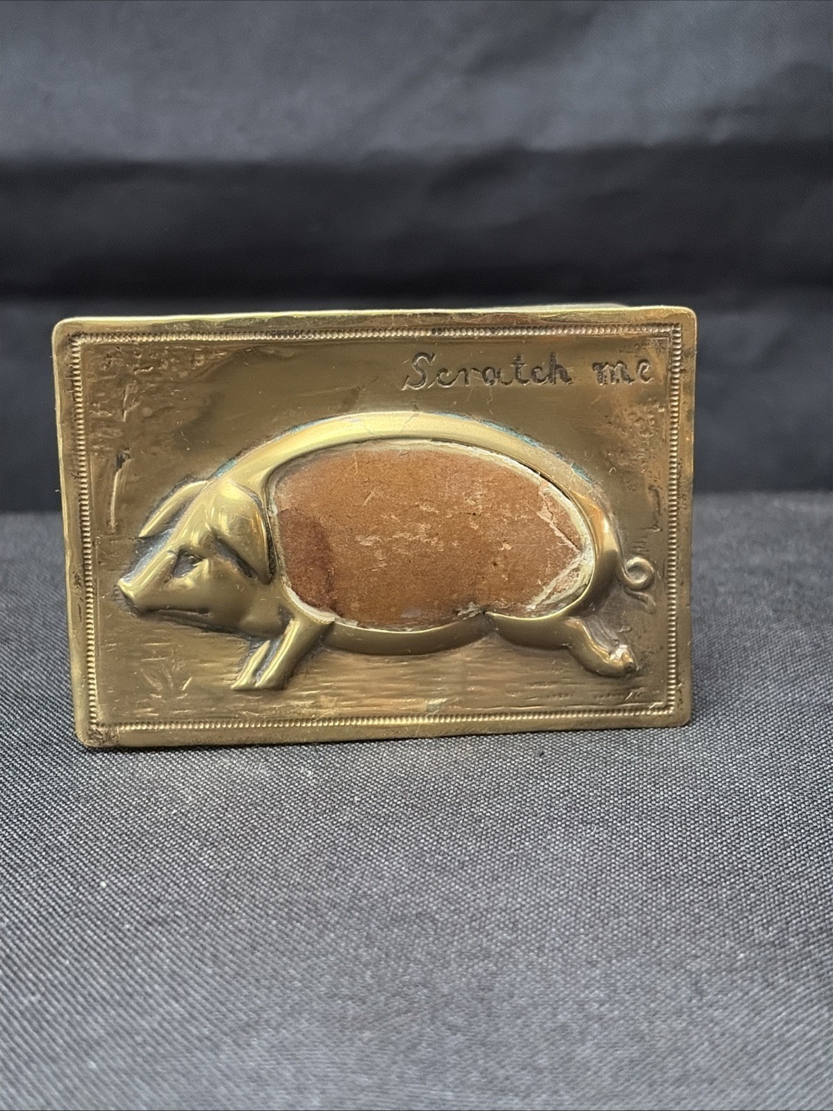 ANTIQUE BRASS PIG MATCHBOX HOLDER-ENGRAVED \