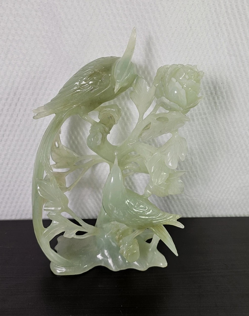 VTG Jade Figurine Chinese Hand Craved 2 Birds & Rose Flower 9\