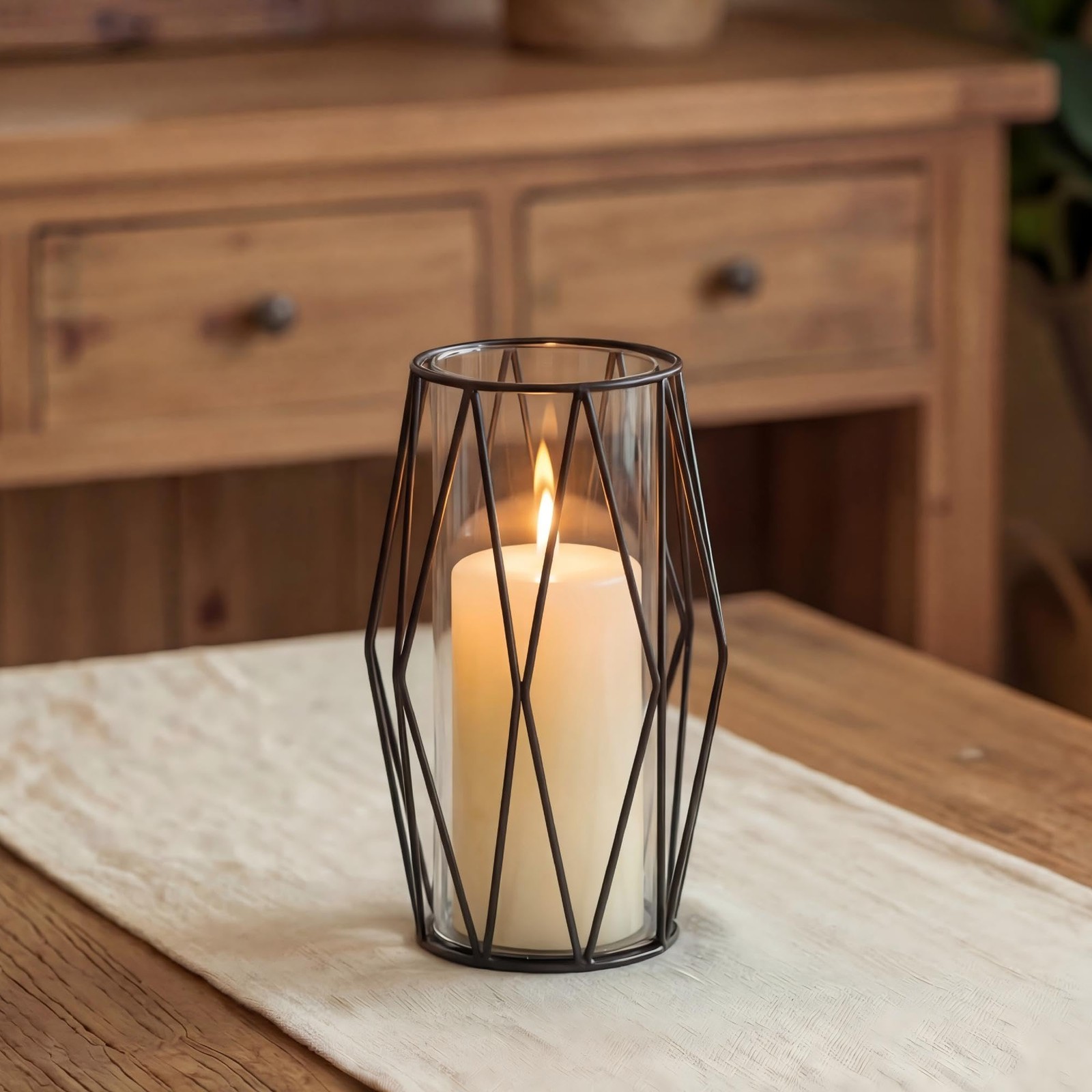 NUPTIO Black Geometric Hurricane Glass Candle Holder, 1 Piece Small,
