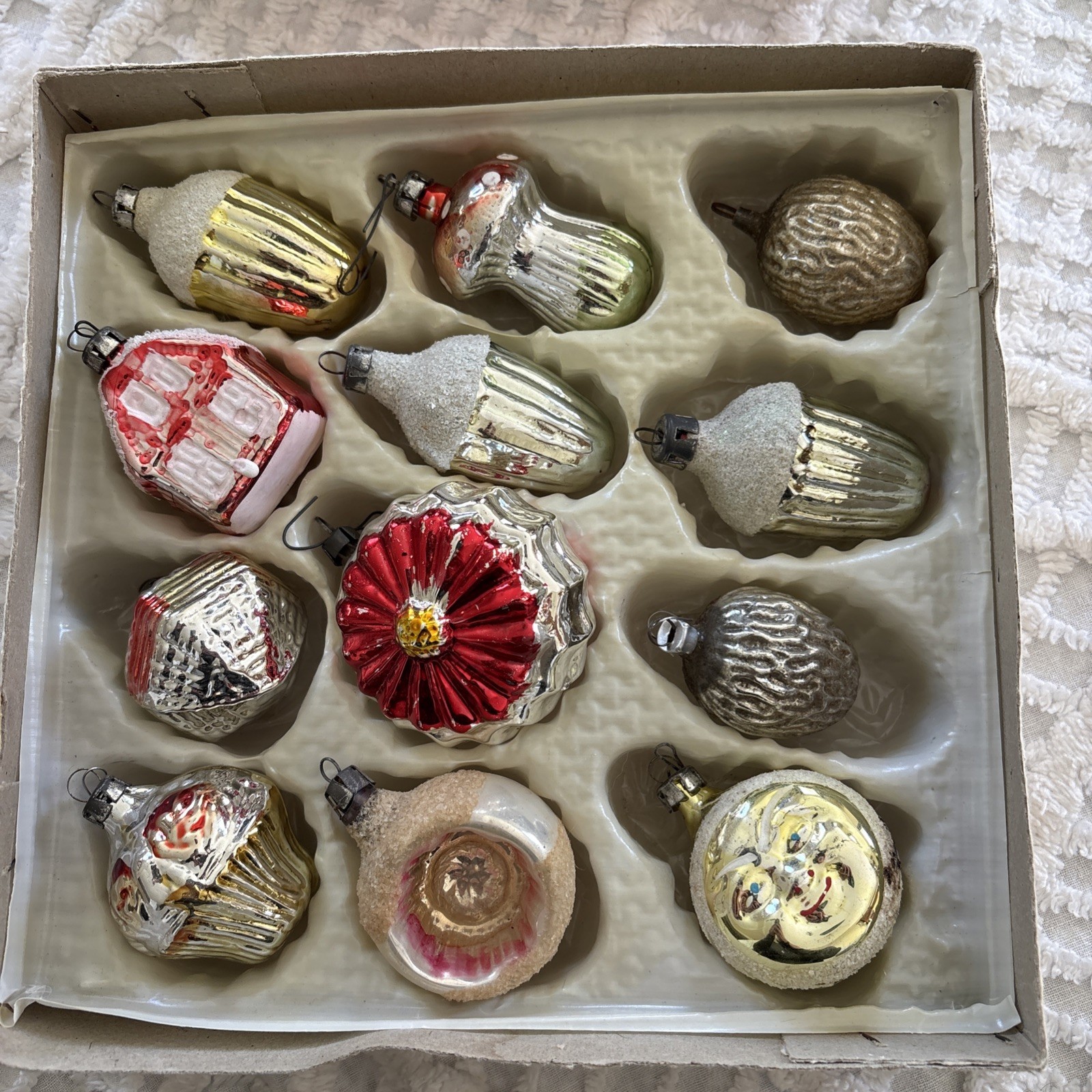 12 Vtg Glass Christmas Ornament Bumpy Figural Indent Ribbed mushroom not org box