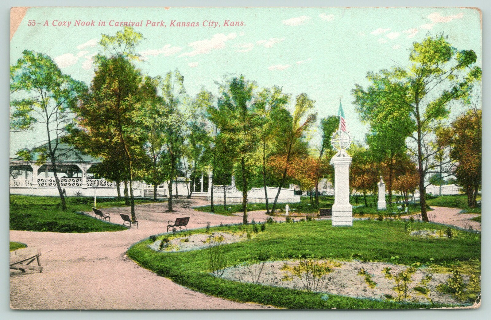 Kansas City MO Merry-Go-Round in Carousel Park~Gyroscope Statue~Benches c1910 PC