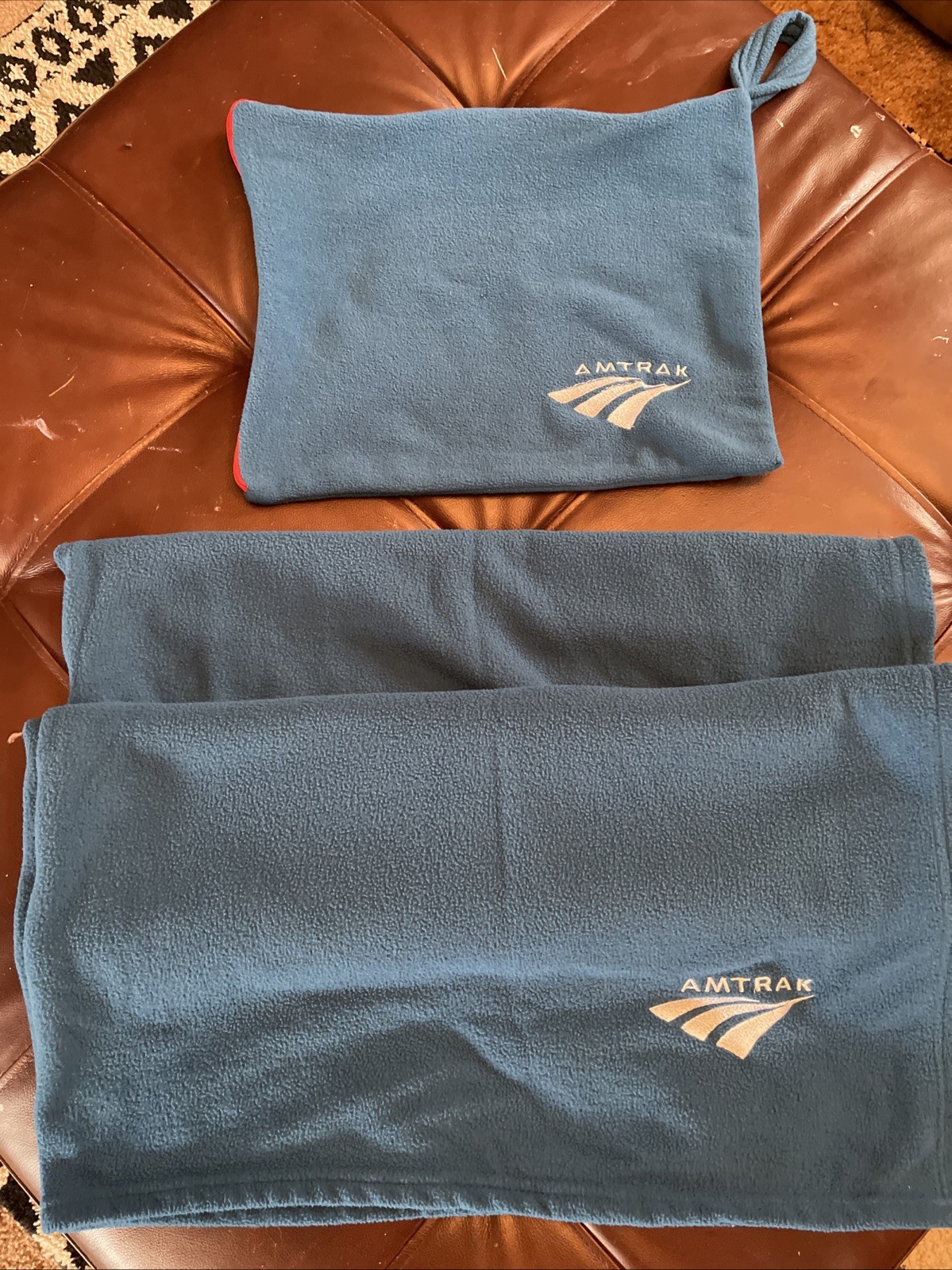 Amtrak Travel Blanket Zippered Carrying Case Fleece Railroad Amtrack Logo Blue