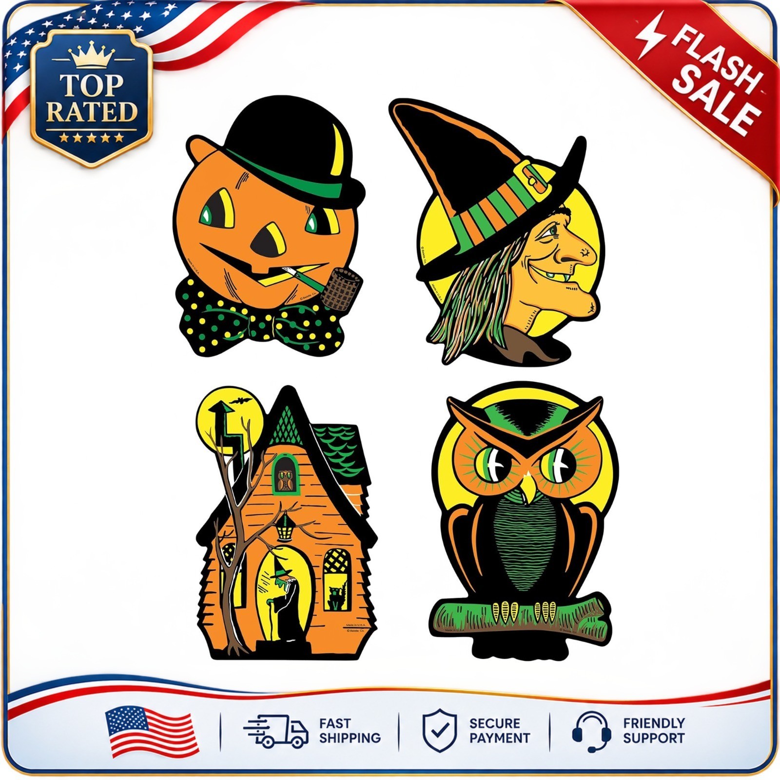 Vintage Halloween Cutouts 4-Count – Double-Sided Decorations with Retro Witch, P