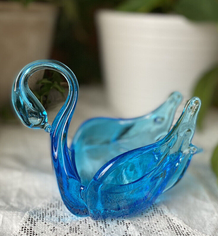 Vintage Chalet Art Glass Blue Swan Vanity Trinket Candy Dish 4x5 Inches Pretty