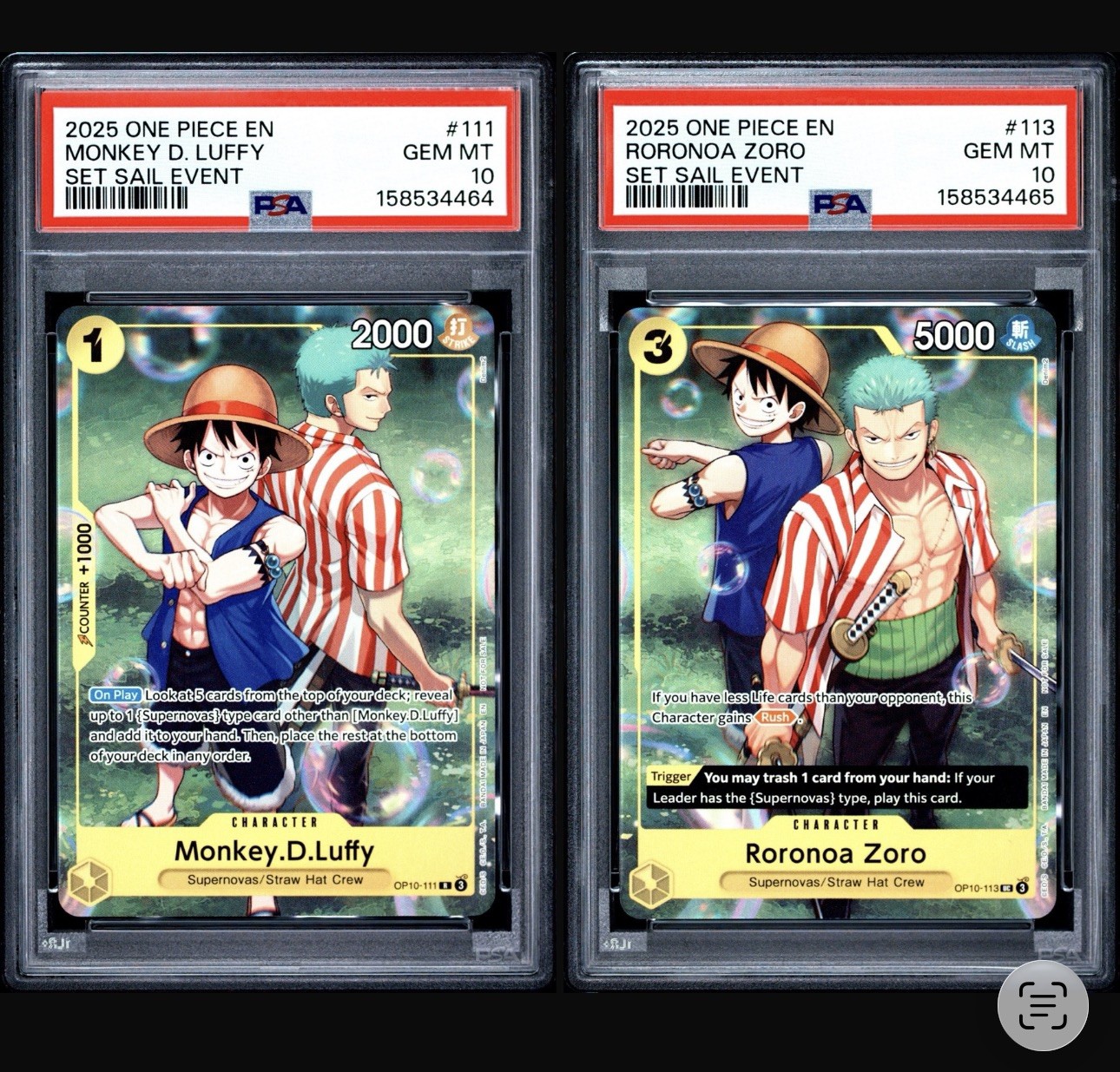 2025 One Piece Set Sail Event Promo Monkey D. Luffy & Zoro Sequential PSA 10 2025 One Piece Set Sail Event Promo Monkey D. Luffy & Zoro Sequential PSA 10