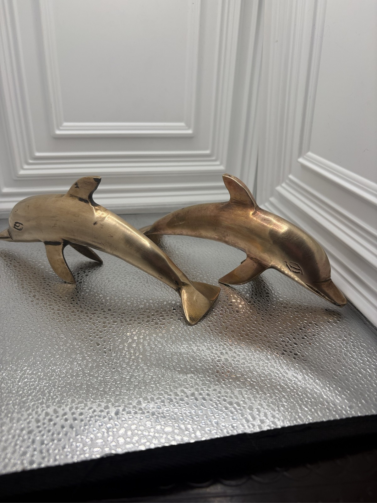 Set of 2 Solid Brass Dolphin Sculptures Swimming Figurines Nautical