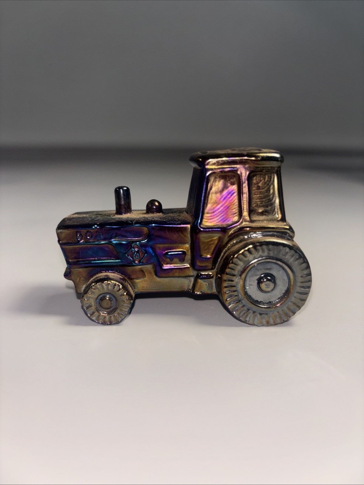 RARE Boyd Glass Tractor Cobalt Blue Carnival Iridescent Vintage Figurine