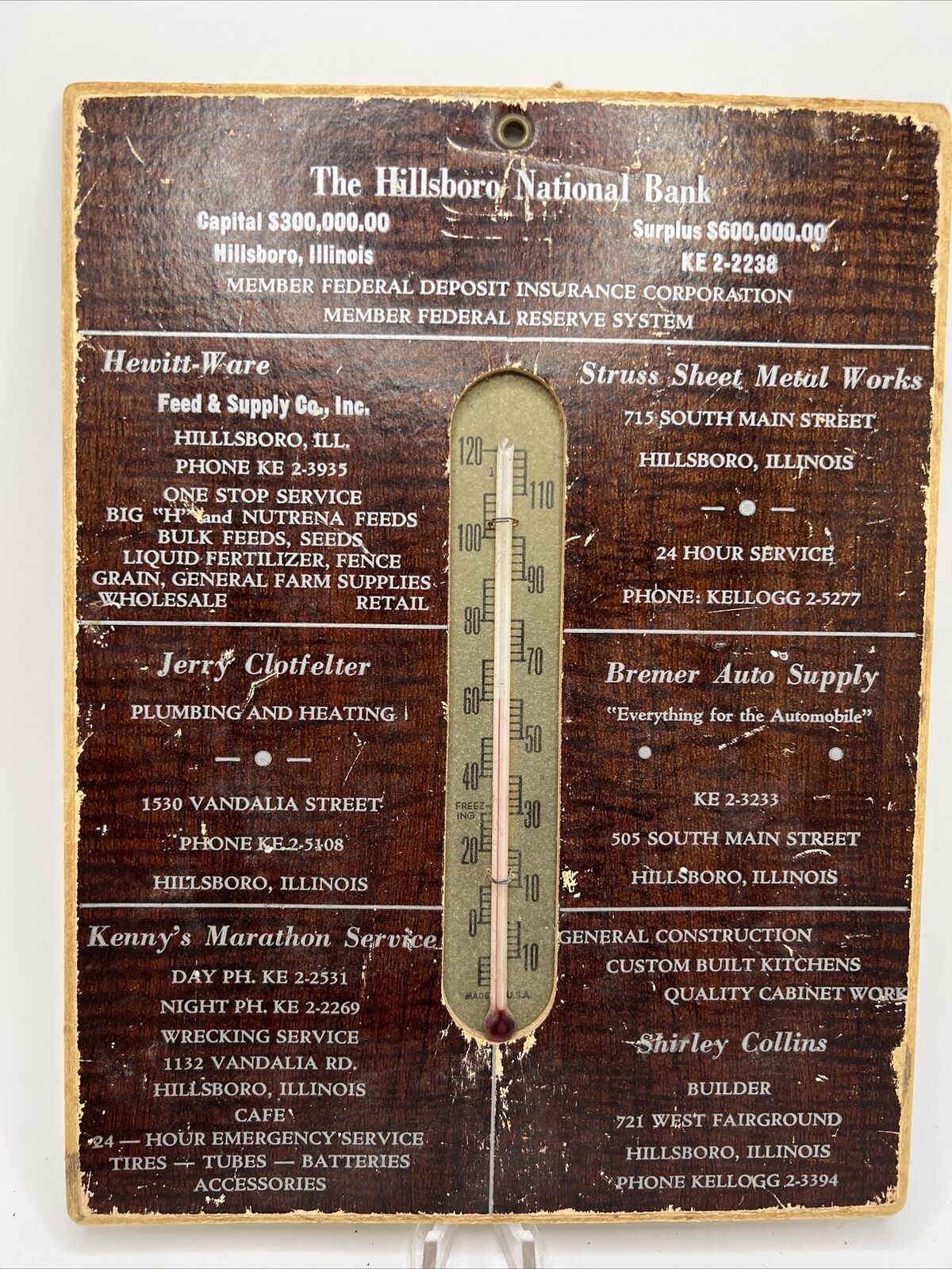 Vtg Hillsboro, IL The National Bank Hewitt Ware Local Advertising Thermometer
