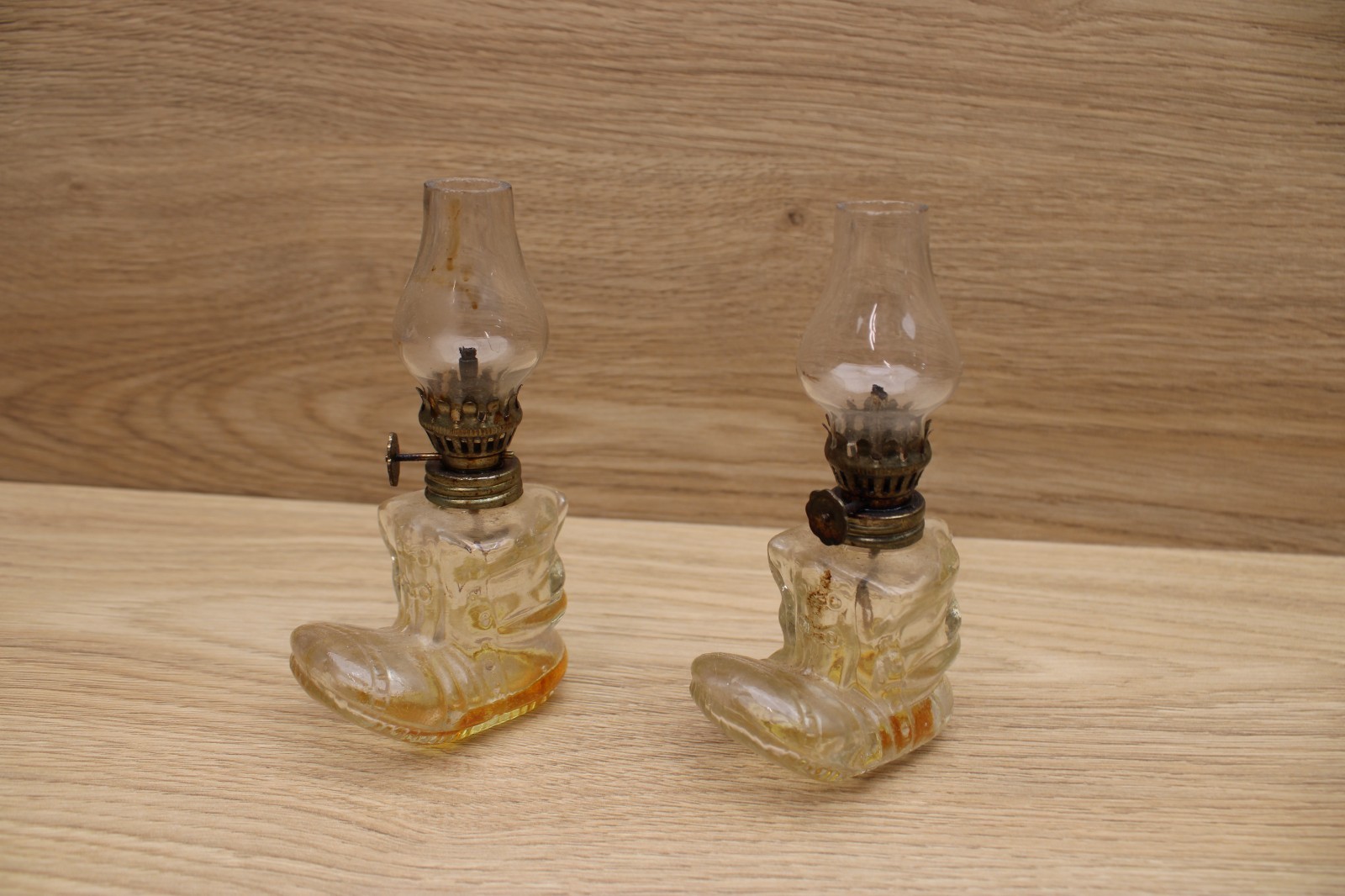 Vintage Clear Glass Boot Shaped Miniature Oil Lamps Matching Pair of 2 Vintage Clear Glass Boot Shaped Miniature Oil Lamps Matching Pair of 2