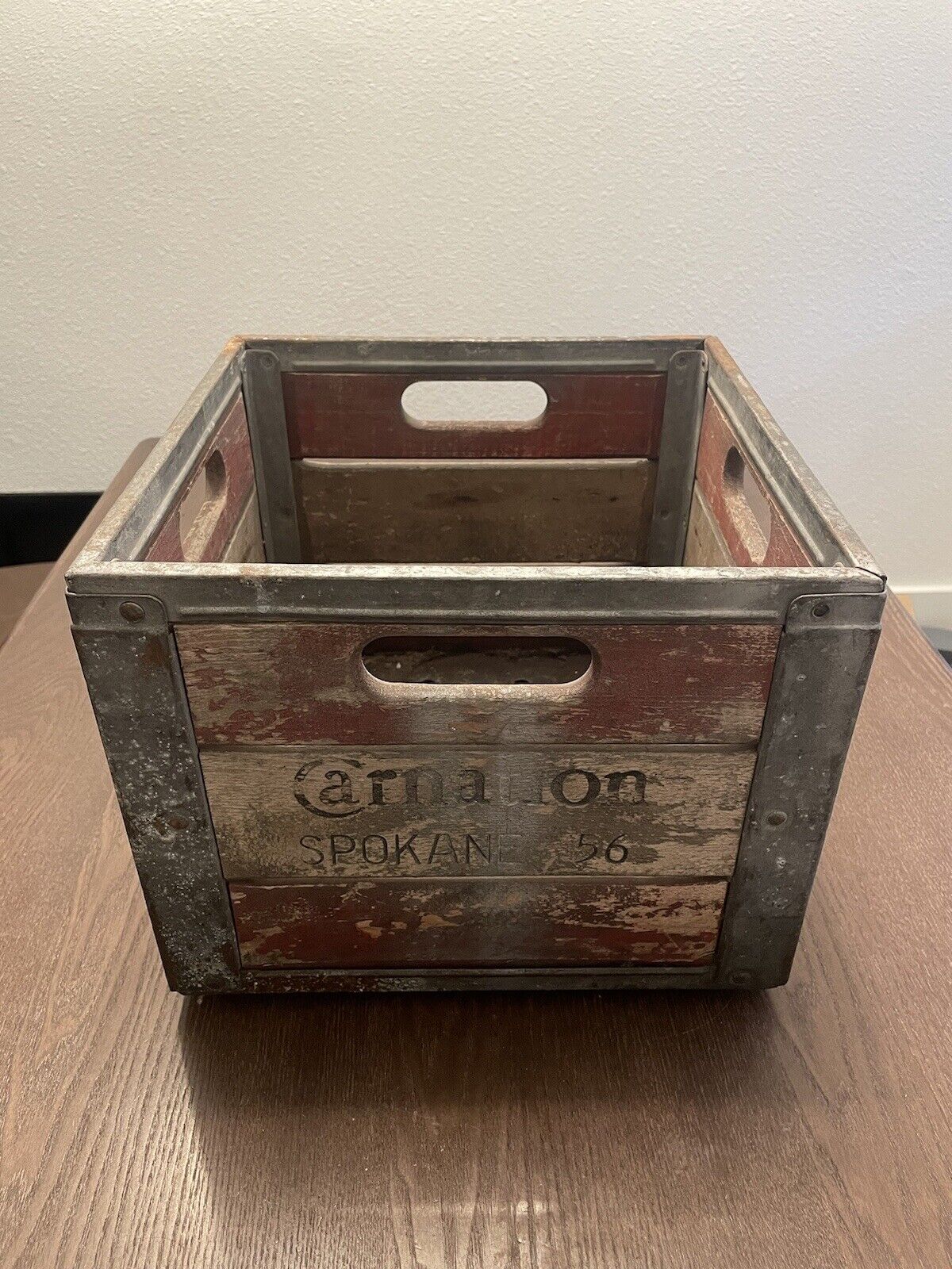 RARE SPOKANE WA Vintage Carnation Wood & Metal Milk Crate