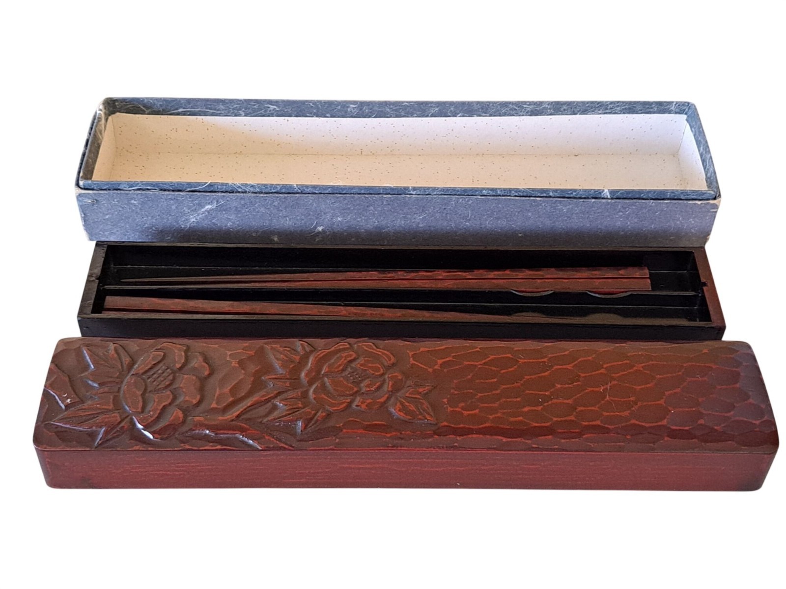 Vtg MCM Hand-Carved Japanese Wooden Chopstick Set Floral Storage Box Traditional