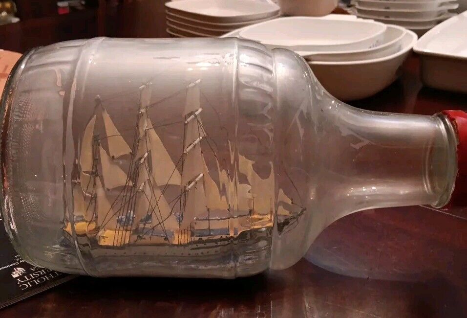 Vintage SHIP IN A BOTTLE -Tall Ship- Wood Sail Boat  One Gallon  Bottle 