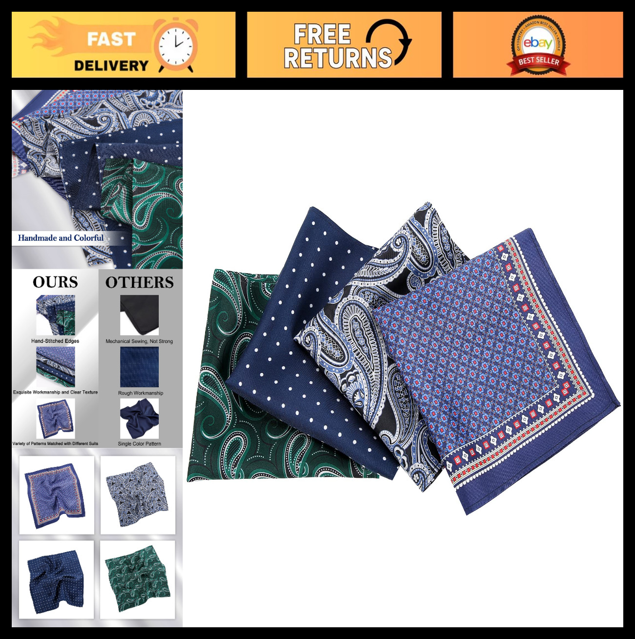 Pocket Squares for Men, 100% Mulberry Silk Pocket Square, Luxury Men\'s Pocket Sq