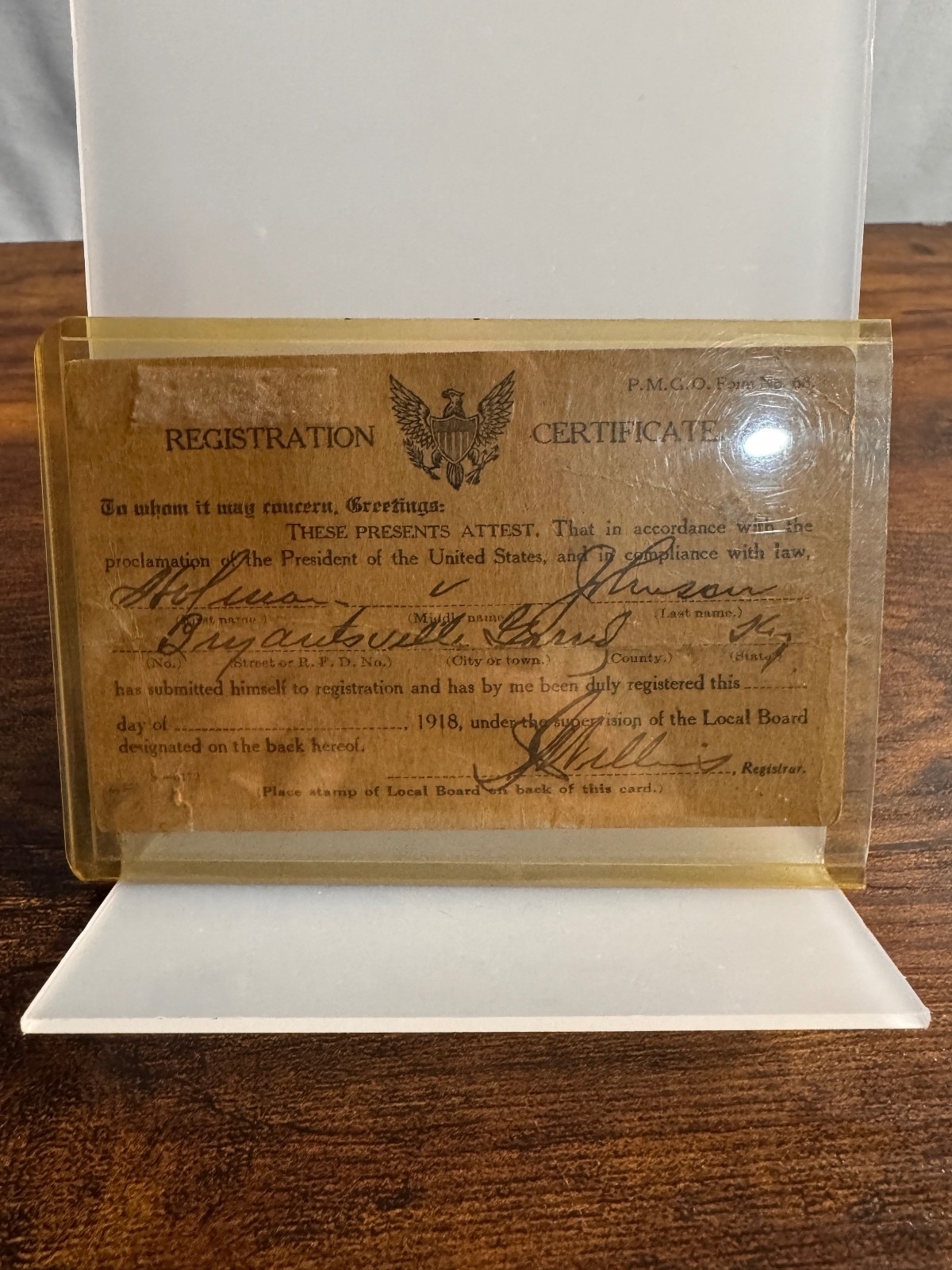Original 1918 WWI Registration Certificate PMGO Form No. 68 Perryville MO