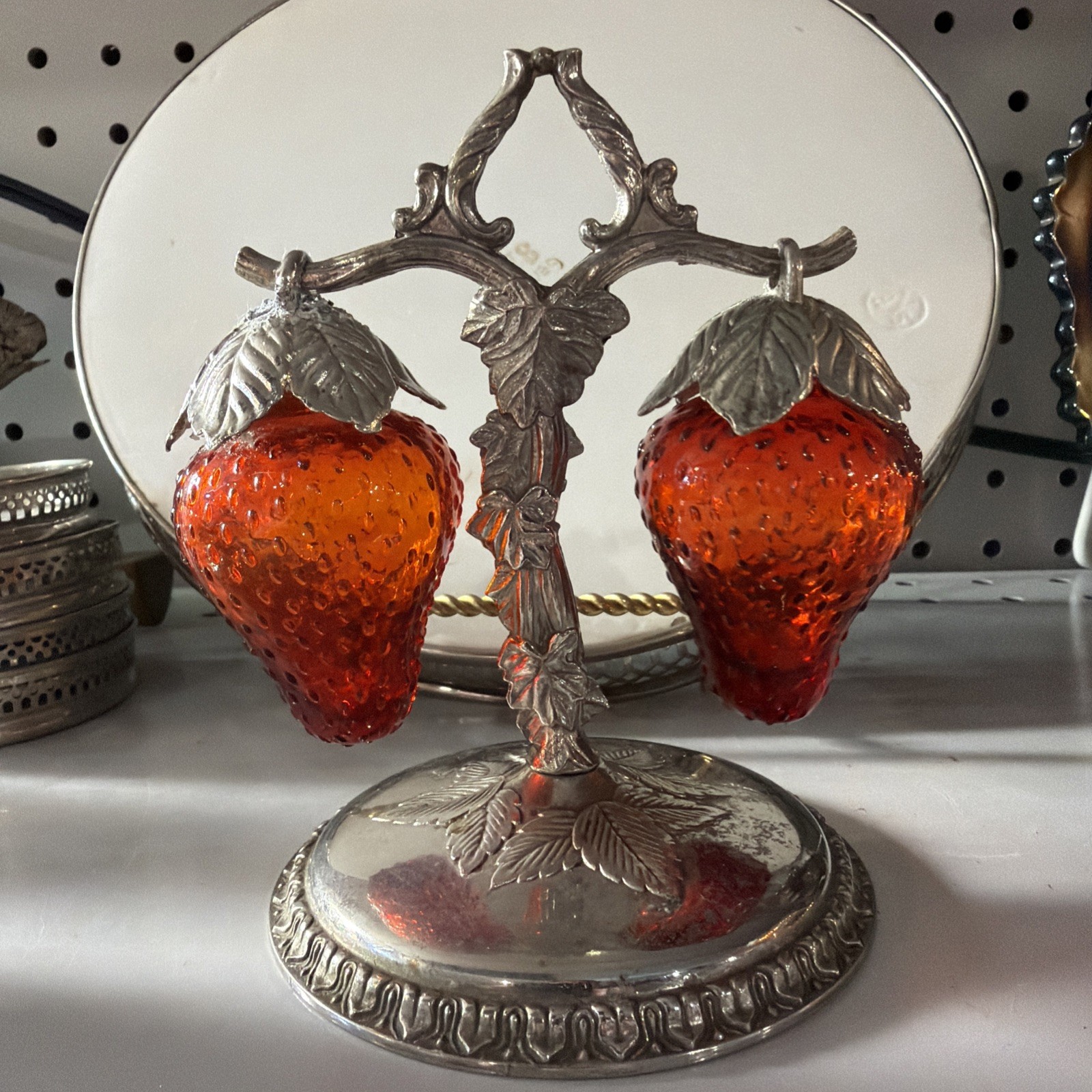 Vintage Red Glass Strawberry Salt Pepper Shakers Hanging Cruet Set Stand. 5”