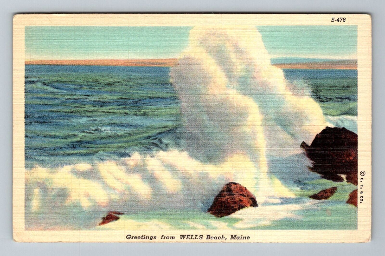 Wells Beach ME-Maine Greetings Rocky Surf  Vintage c1940 Souvenir Postcard
