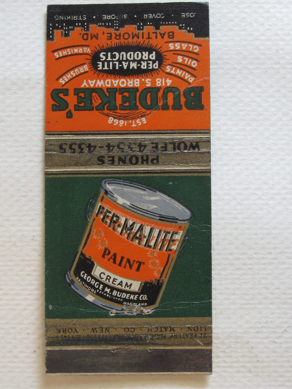 Budeke\'s Per-Ma-Lite Products Vintage Matchbook cover Baltimore, Ohio Paints