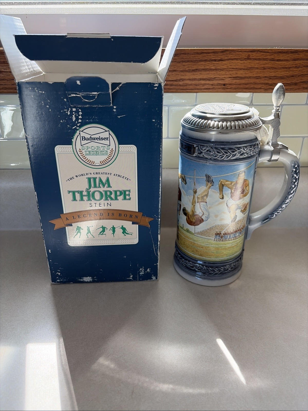 Budweiser Jim Thorpe 1992 Sports Legend Lidded Porcelain Stein w/COA and Box