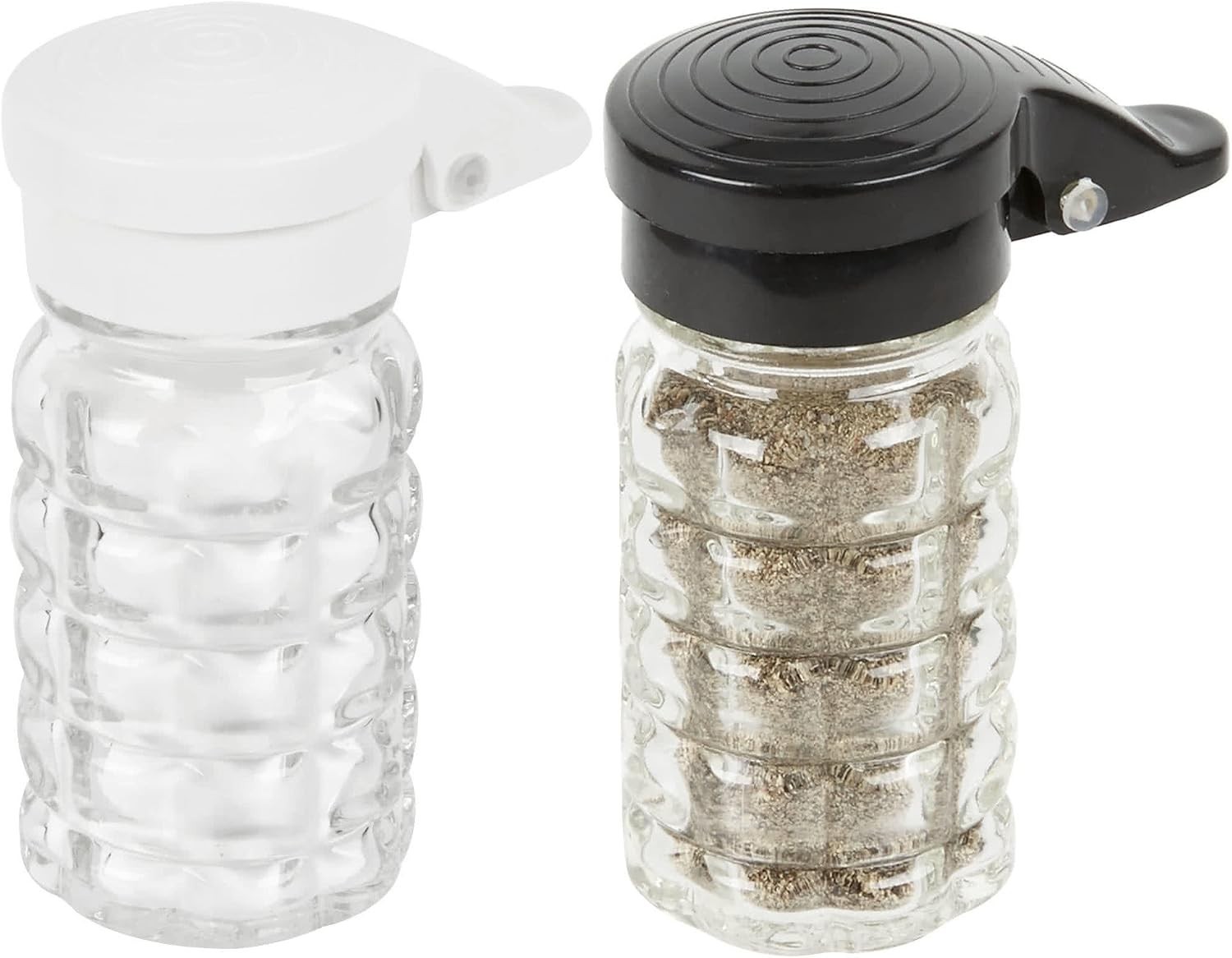 Moisture Proof Salt & Pepper Shakers - 1.5 Oz - Glass W/Black & White Lids Sprin
