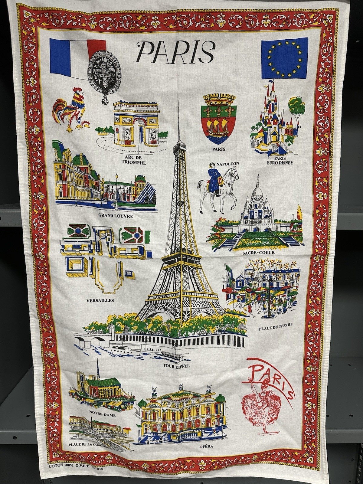 Vintage Paris France OVET Souvenir Dish Tea Towel Notre Dame Eiffel  NOS 24x32