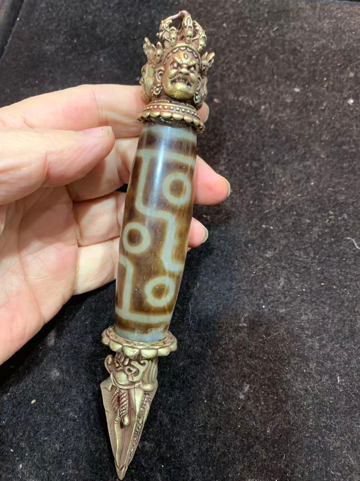 Large 7.0 Inches Rare Tibetan Brass *Dhanada* Inlay Agate Dzi 9Eyed Bead Pendant