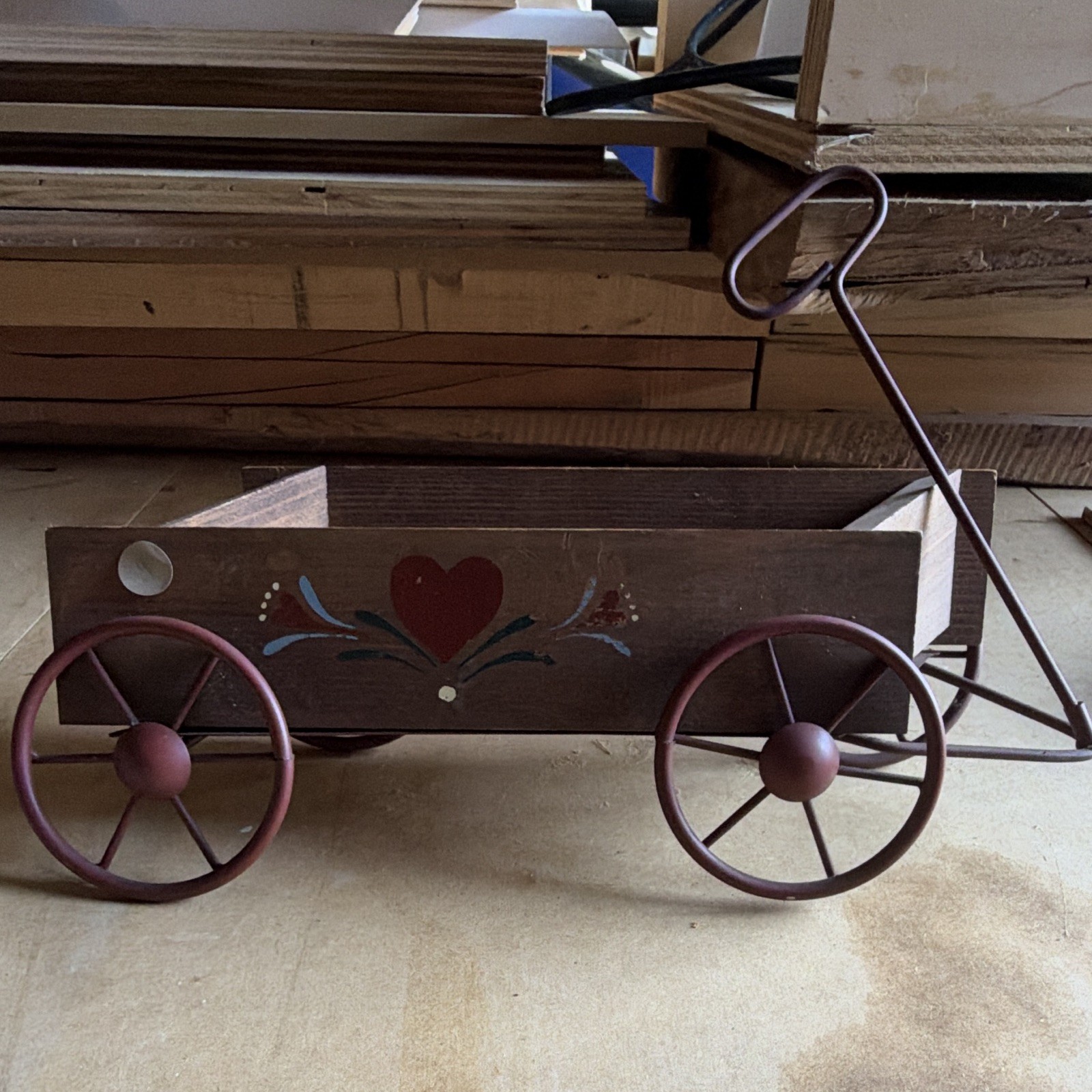 Vintage Wooden Wagon Cart Planter Hand Painted Heart Folk Art Country Decor Vintage Wooden Wagon Cart Planter Hand Painted Heart Folk Art Country Decor