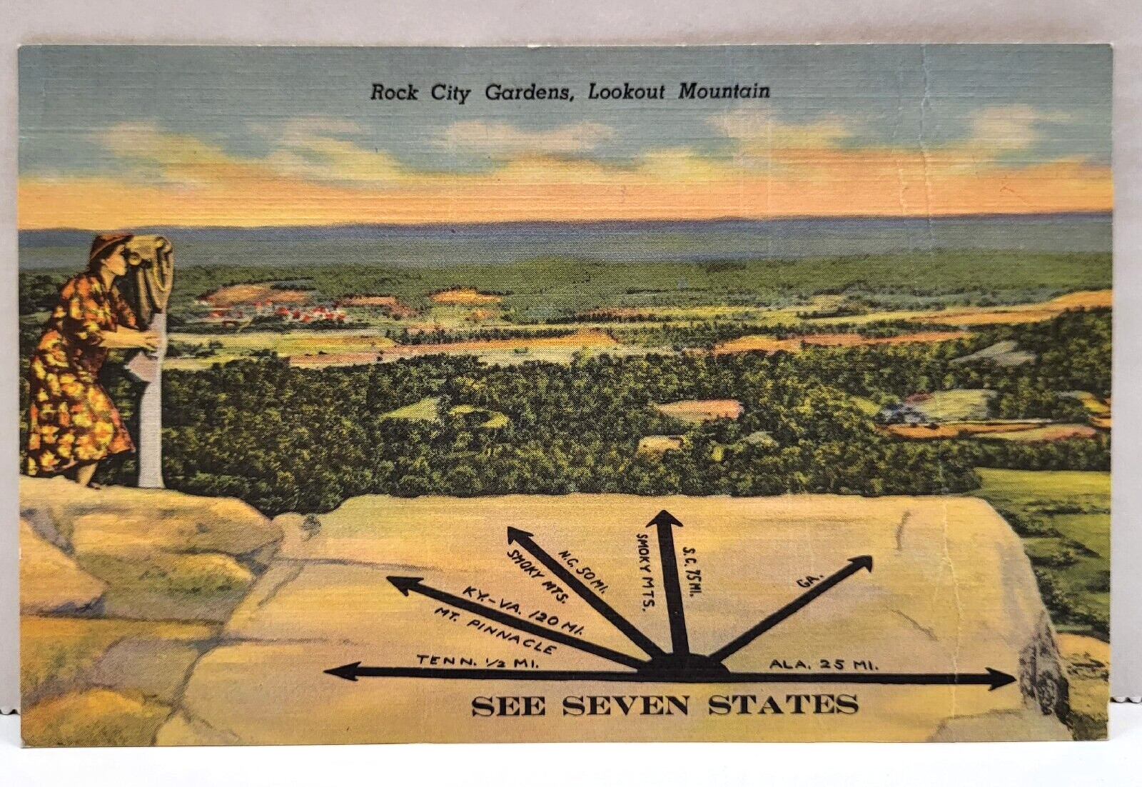 Postcard Rock City Gardens, Lookout Mountain Georgia See 7 States, Unused Linen