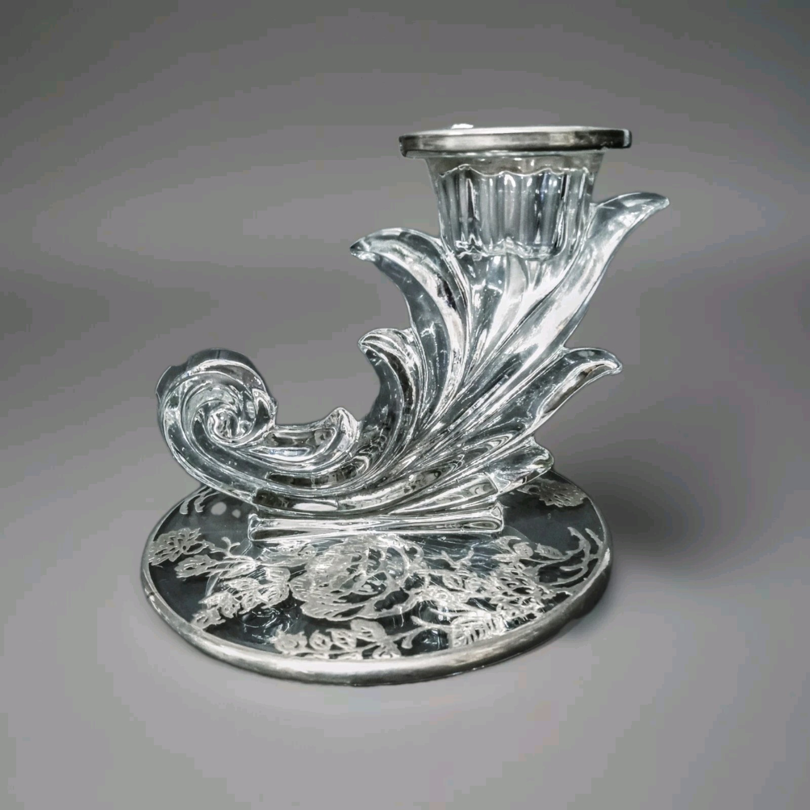 Vintage Fostoria Etched Glass Silver Overlay Floral Pattern Candle Holder 