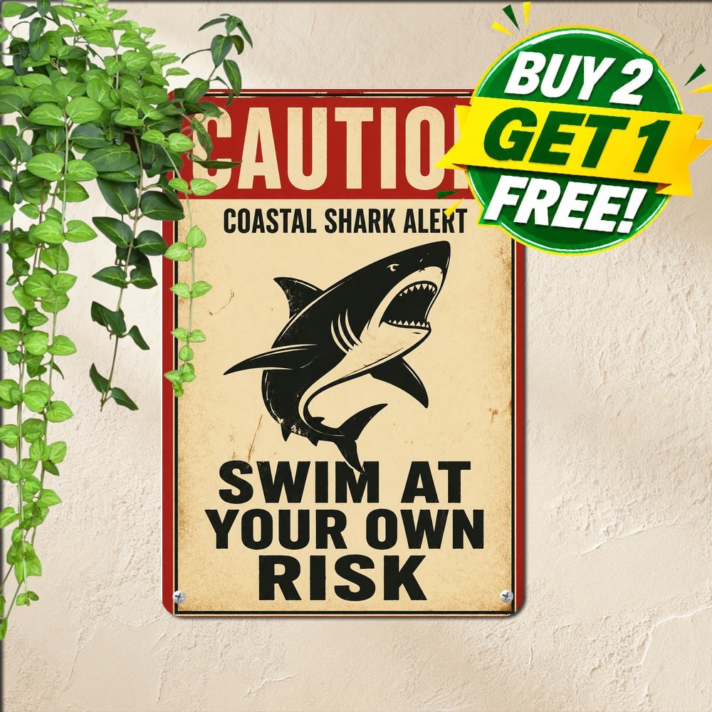 Shark Sighted Warning Sign Coastal Water Safety Decor Plaque 8x12