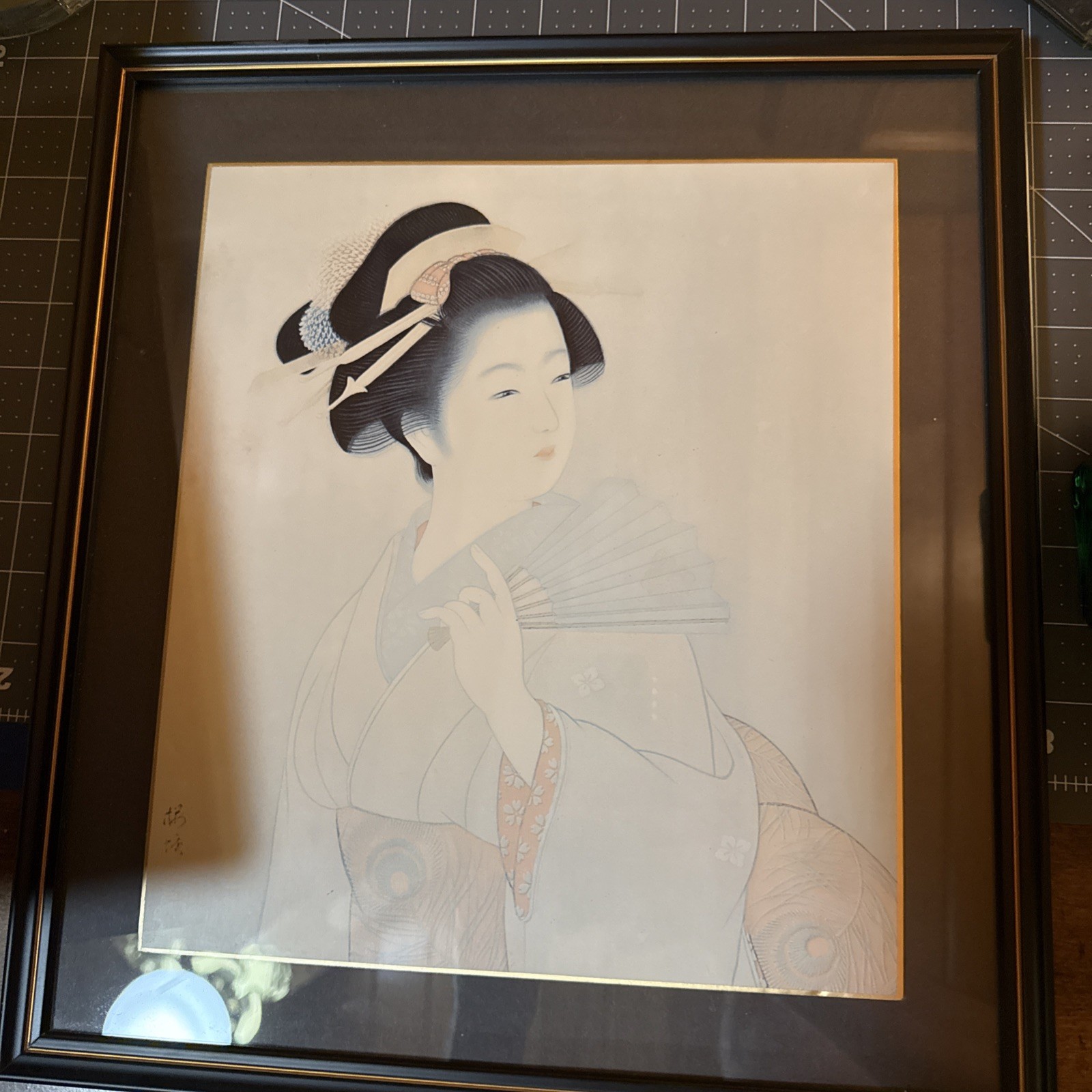 Vintage Japanese Bijin-ga Geisha Woman Parasol Art Print Framed Signed