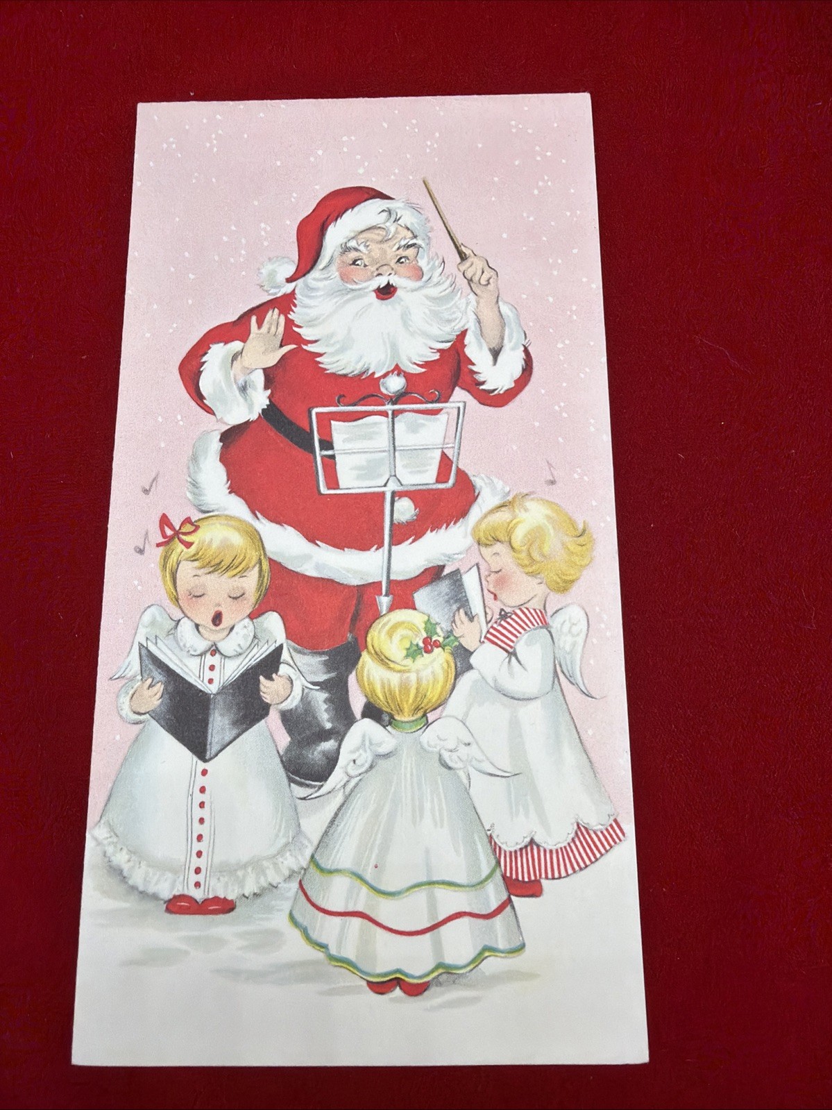 ADORABLE Vtg 1950’s Christmas Card (used) Santa & Little Angels Ephemera Kitsch