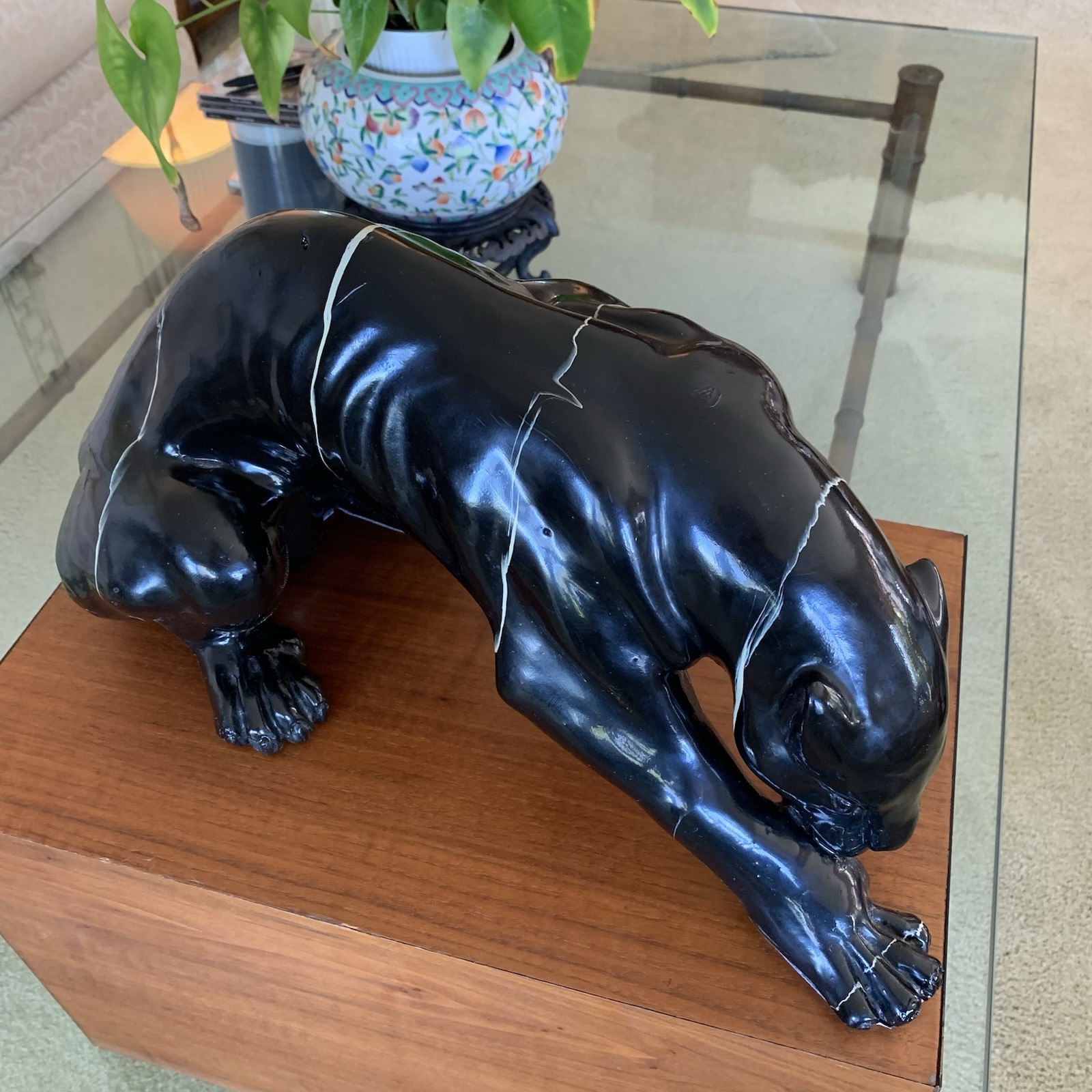 Vintage Mid Century ceramic Panther glossy black cat 21” sculpture