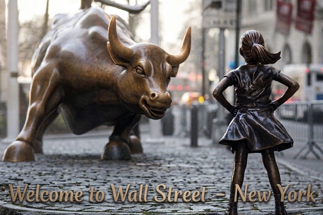 Wall Street New York Fearless Girl Charging Bull Statues Postcard B702