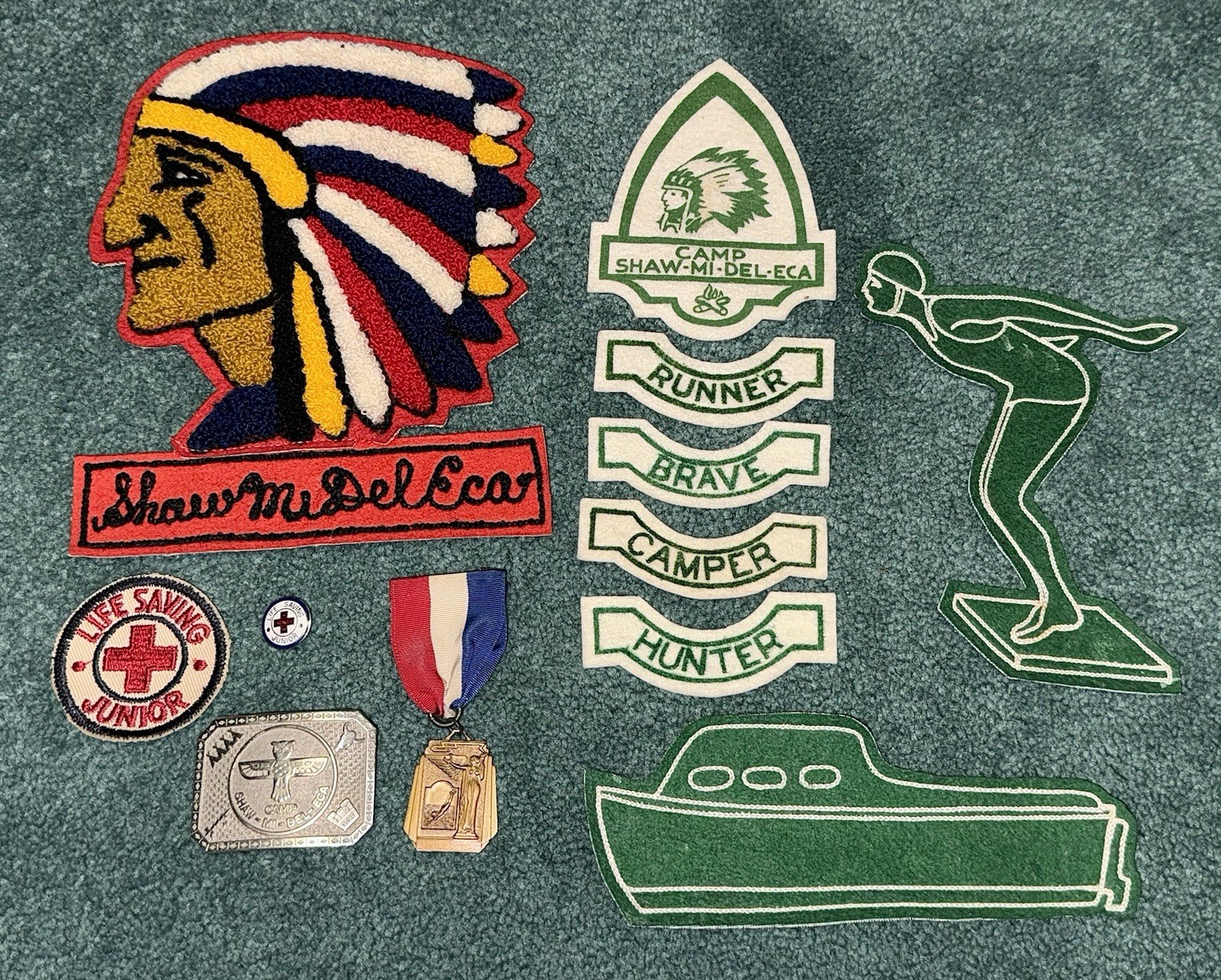 Vintage Circa 1940’s Lot Of Camp Shaw-Mi-Del-Eca Patches Belt Buckle & Etc