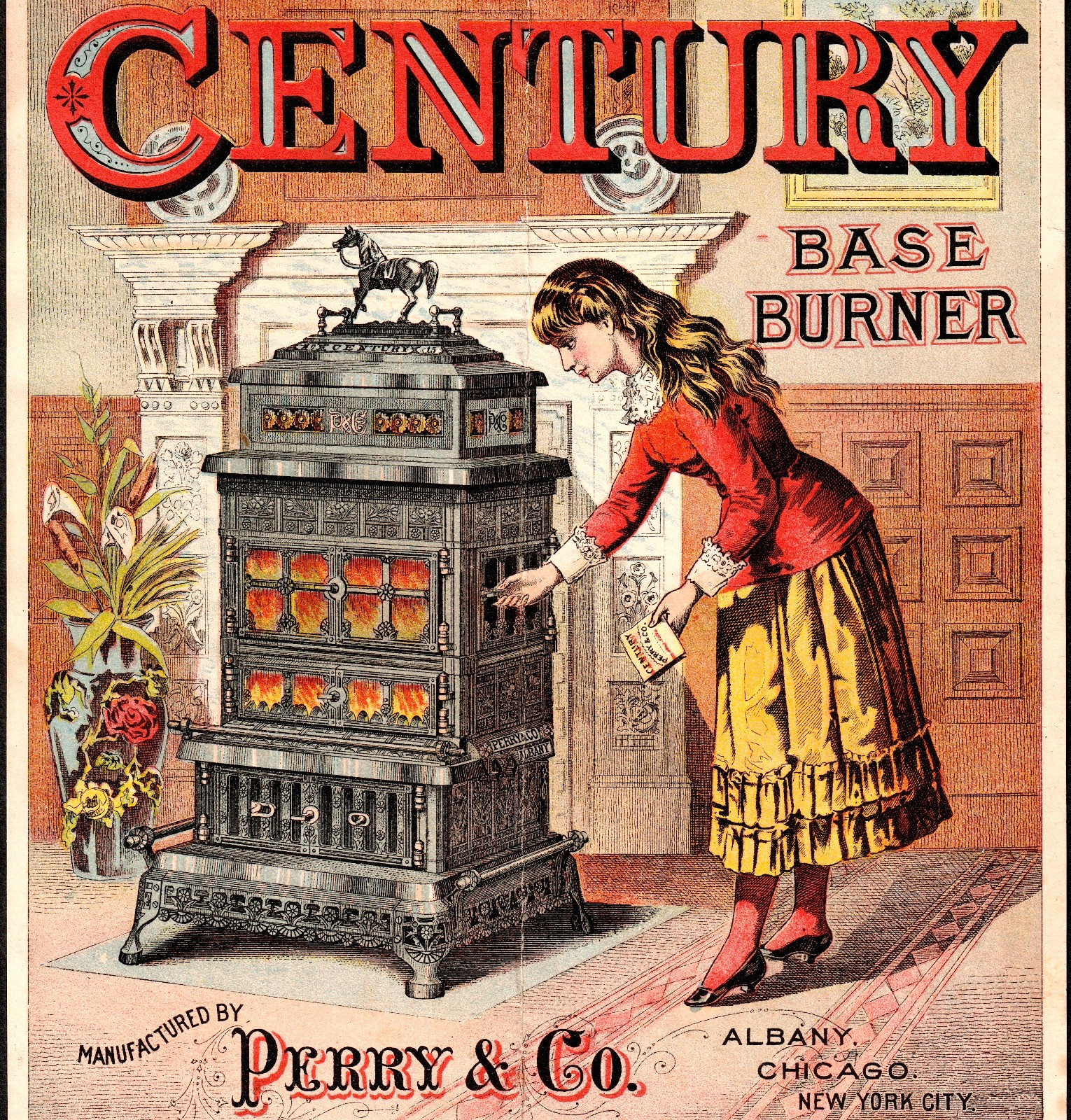FANTASTIC - Big - Century Base Burner Perry Stove NY Victorian Trade Card j.US