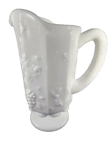 Vintage Westmoreland White Milk Glass Paneled Grape  Handled Water Pitcher 