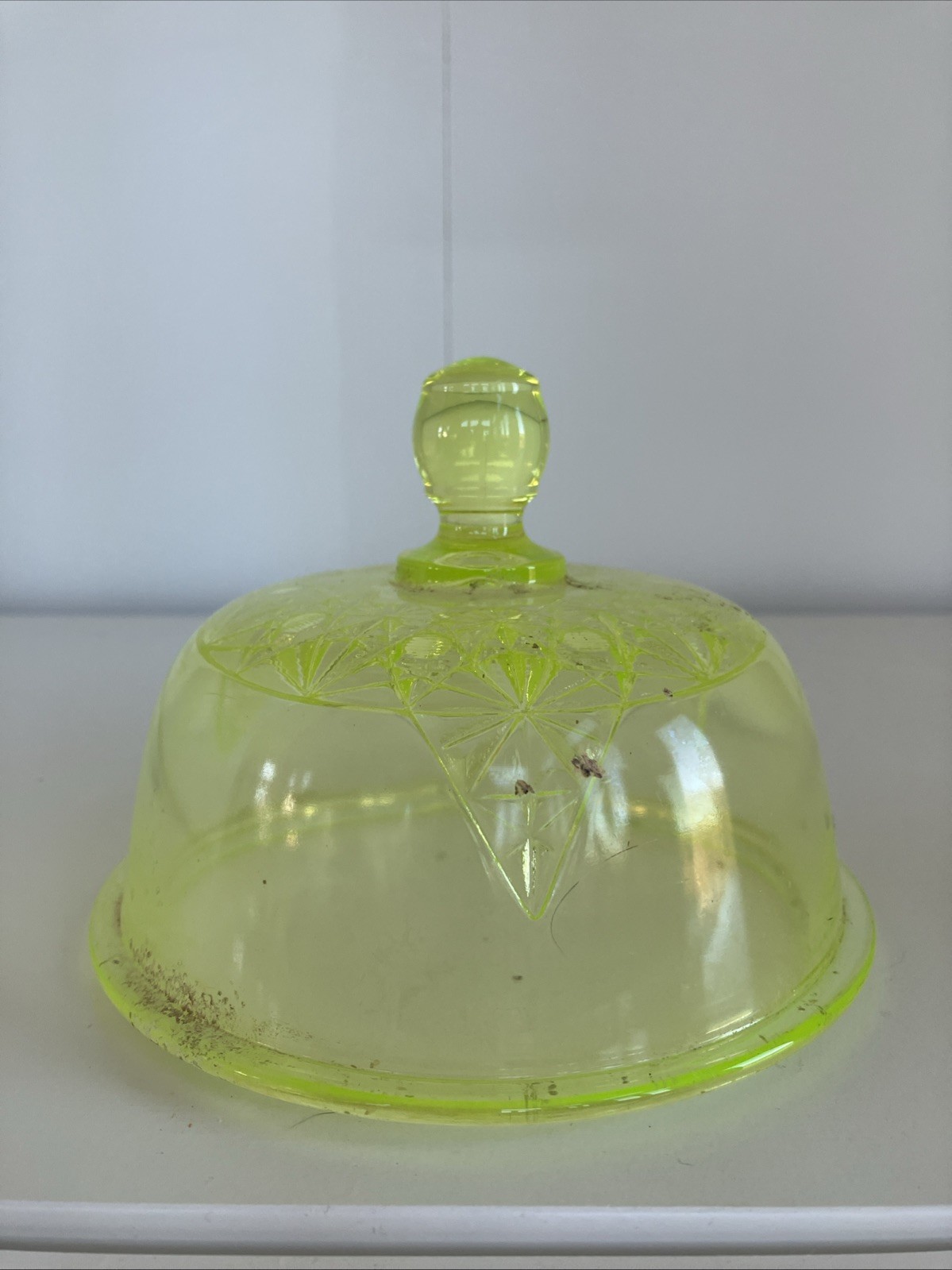 Vaseline Glass Butterdish Top, Vintage Buttons and Bows Yellow Uranium DIRTY